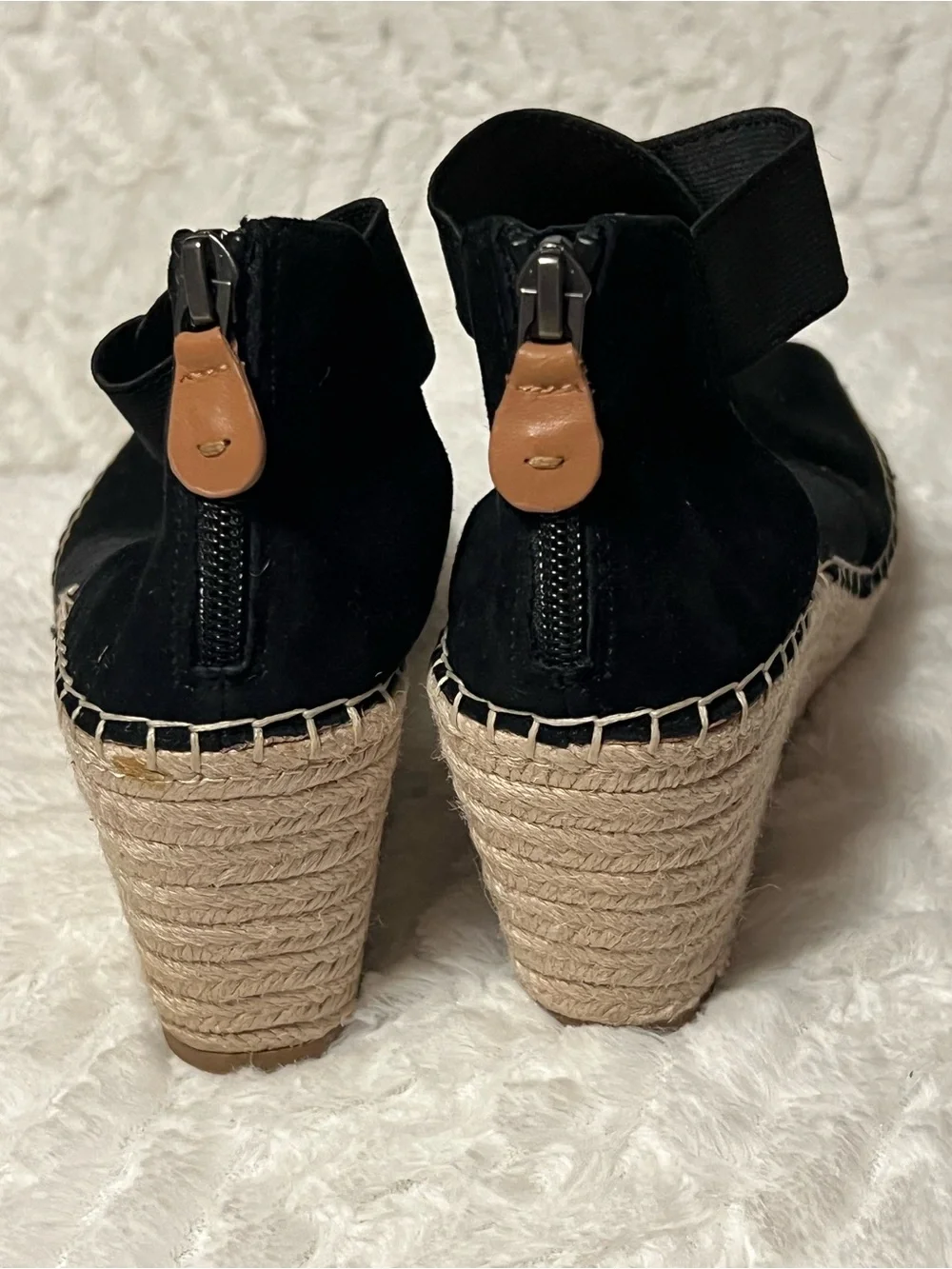 gentle souls Black Suede Espadrille Wedge Sandals with Elastic Cross Straps